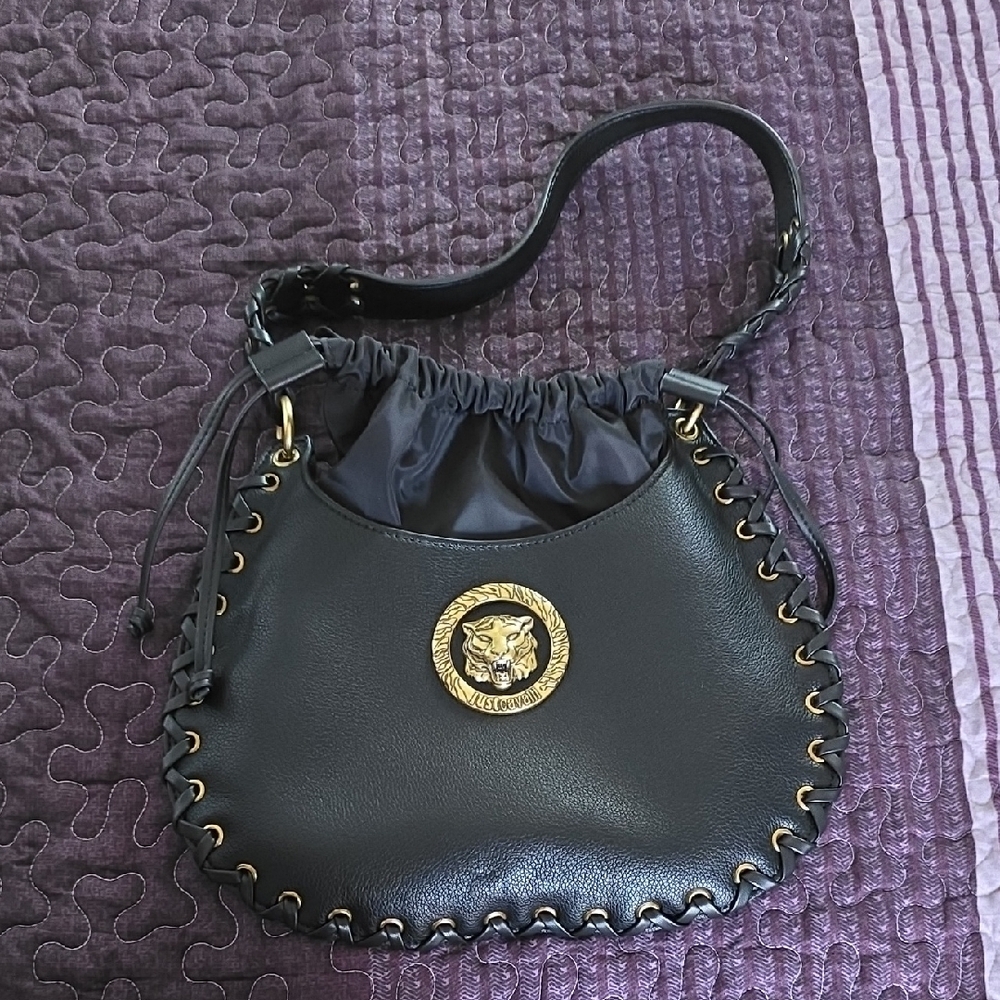 Just Cavalli Black and Gold Shoulder Bag with Braided Trim